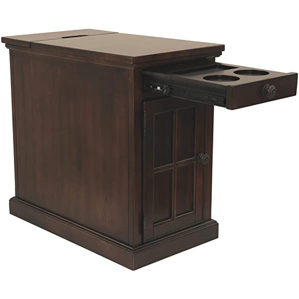 Signature Design by Ashley Tyler Creek Rustic Chair Side End Table with Pull-Out Tray & USB Ports, Brown Blackish Brown Table