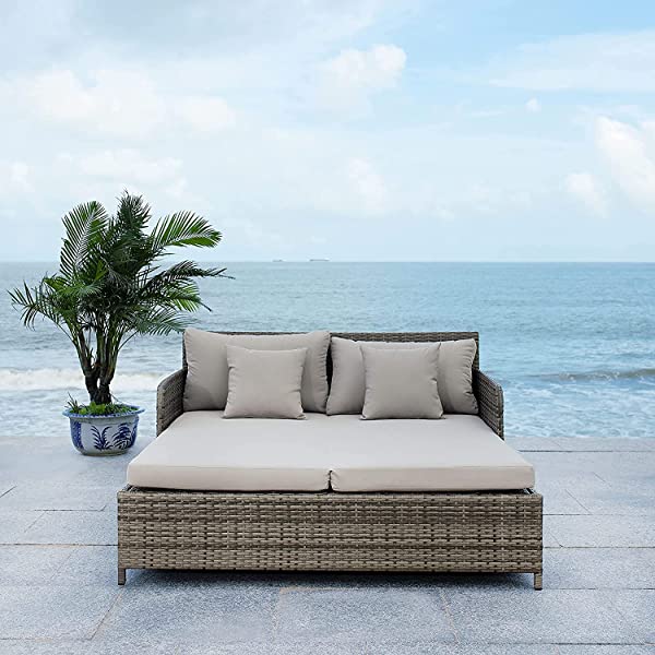 Safavieh Outdoor Collection Cadeo Brown Cushion Daybed PAT7500C, Grey/White