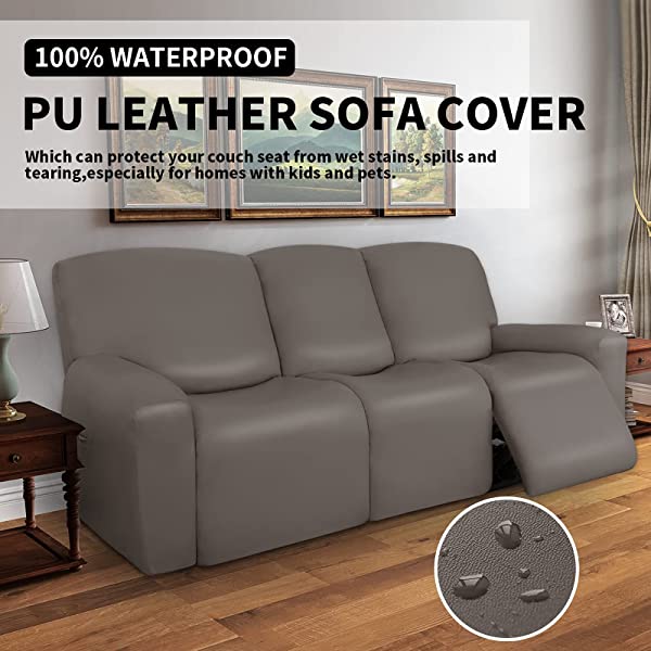 Easy-Going PU Leather Recliner Sofa Slipcovers, Waterproof Stretch Sofa Covers, 8 Pieces Stretch Furniture Protector, Elastic Strap Shield Pets Kids Children Cats Dogs Beige