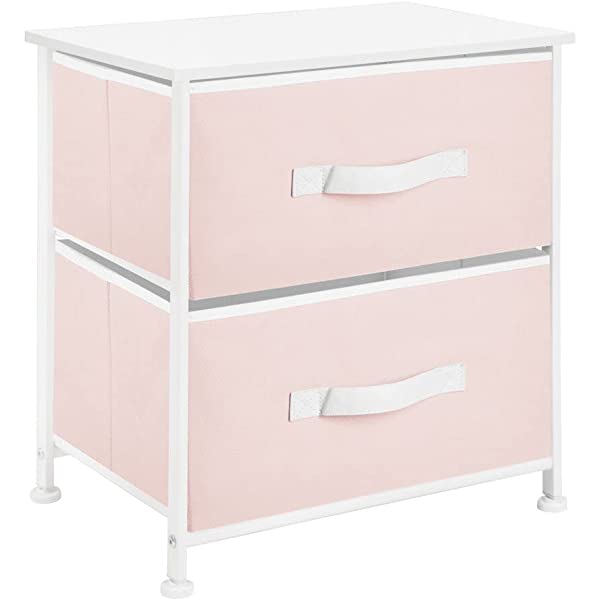 mDesign Storage Dresser End/Side Table Night Stand Furniture Unit - Small Standing Organizer for Bedroom, Office, Living Room, and Closet - 2 Drawer Removable Fabric Bins - Gray/White Grey