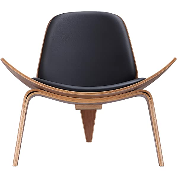 Rimdoc Three-Legged Shell Chair Mid Century Modern Lounge Chair with Black Leather Molded Plywood Accent Chair Reading Side Chair for Bedroom, Study, Office, Living Room (Black Walnut Wood)
