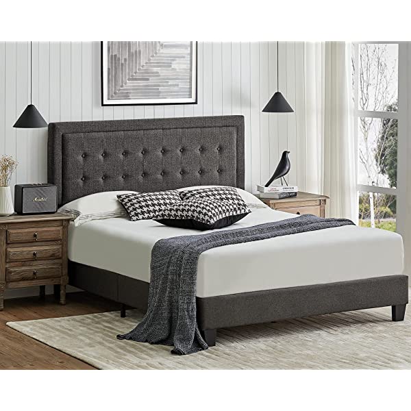 Amerlife Queen Bed Frame Upholstered Platform Bed with Adjustable Headboard - Button Tufted Mattress Foundation with Wooden Slat Support/No Box Spring Needed/Easy Assembly (Beige) Queen Beige