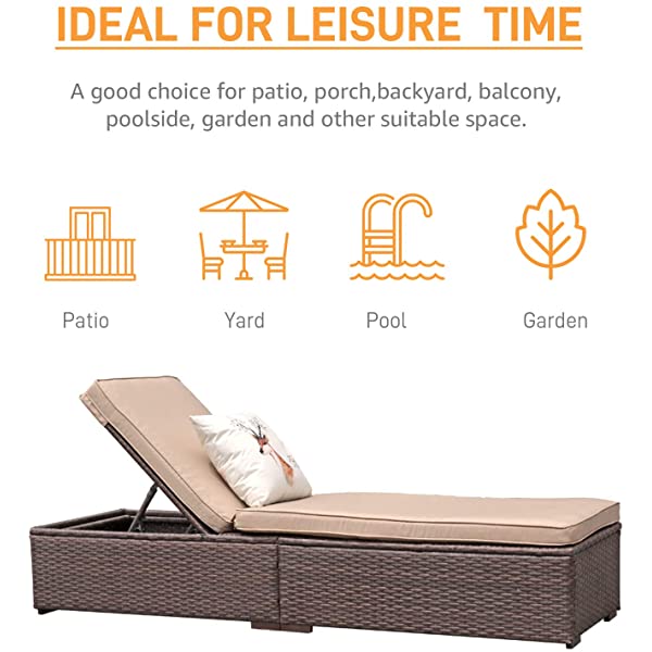 Patiorama Patio Chaise Lounge Chair, Sun Lounger, Outdoor Pool Beach Brown PE Rattan Wicker Reclining Chair W/Adjustable Backrest and Removable Cushion (Beige), Set of 2 2 Brown