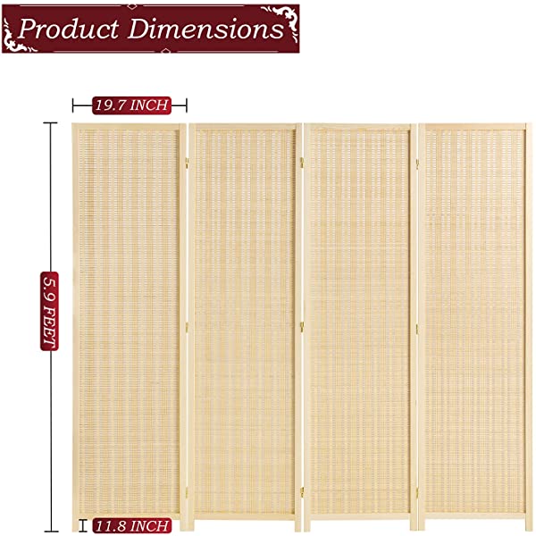oneinmil Bamboo Room Divider, Semi-Private Folding Portable Partition Screen with Two-Way Hinge, Handmade Bamboo and Wood, 6 Panel
