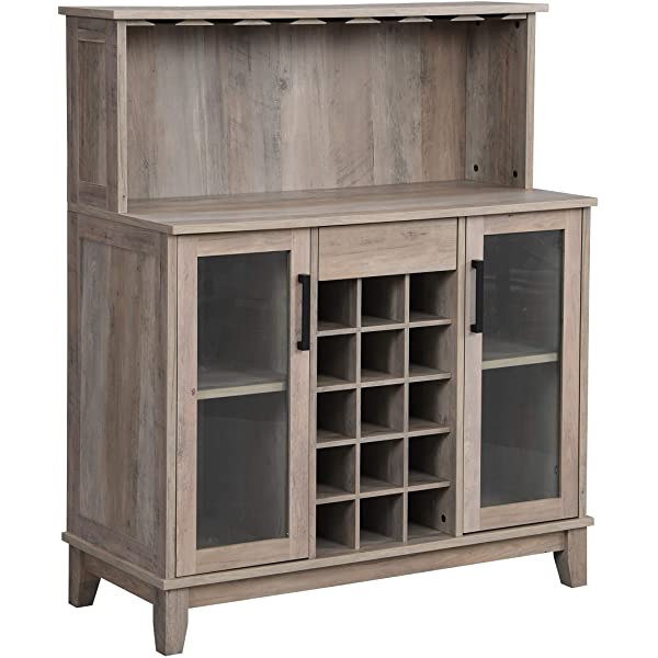 Bar Cabinet with Wine Rack and Glass Doors (Grey wash- Solid)