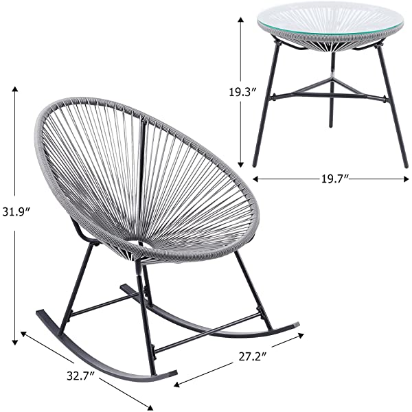 VONLUCE 3 Piece Outdoor Acapulco Bistro Set, Patio Furniture Set with Glass Top Table and 2 Rocking Chairs with Hand-Woven Rope, All Weather 3pc Conversation Set for Balcony and Patio Décor, Black