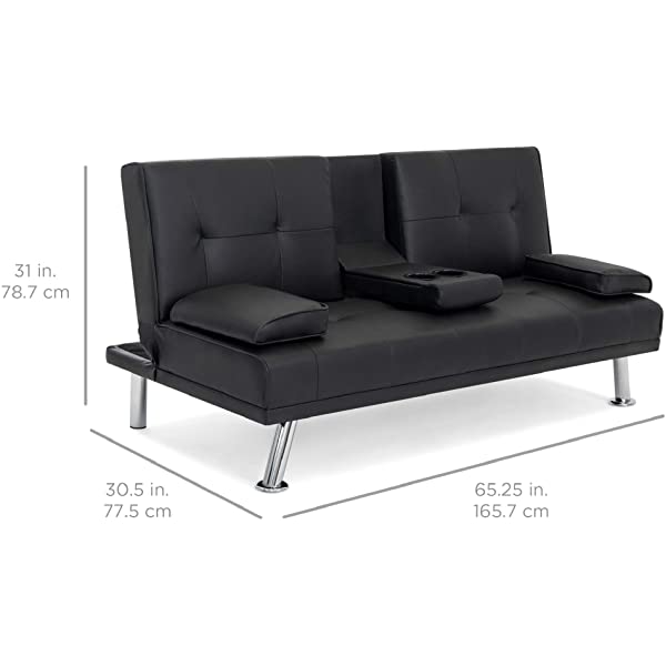 Best Choice Products Faux Leather Upholstered Modern Convertible Folding Futon Sofa Bed for Compact Living Space, Apartment, Dorm, Bonus Room w/Removable Armrests, Metal Legs, 2 Cupholders - Black