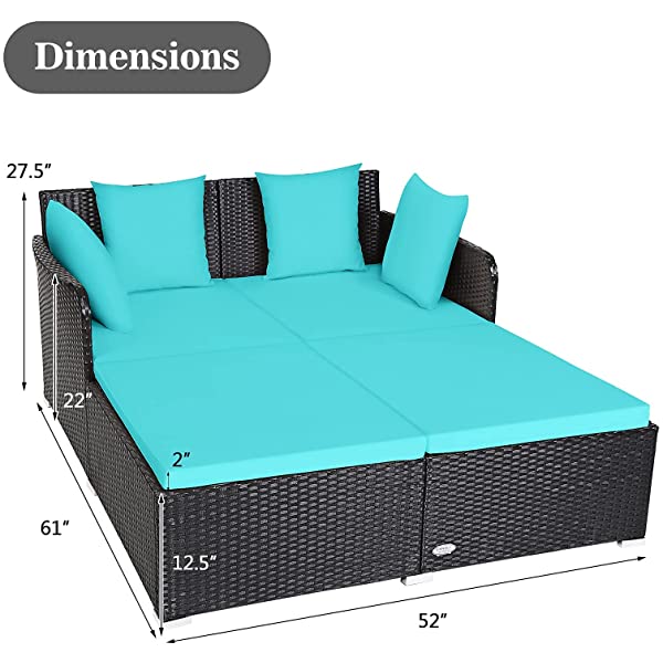 Salches Outdoor Rattan Daybed, Patio Loveseat Sofa Set w/Comfortable Cushions, Extra Pillows & Metal Foot, Sunbed Wicker Furniture for Yard/Poolside/Living Room/Garden/Porch (Red)