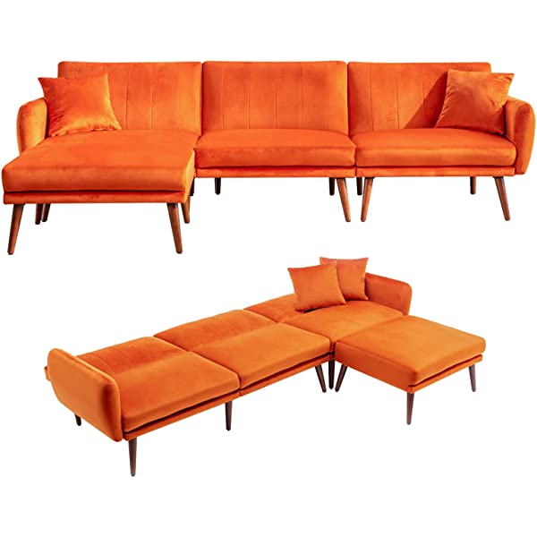 JOMEED Convertible Sectional Sofa Bed with Adjustable Backrest Modern Velvet Fabric L-Shaped Couch with Extra 2 Pillows Wide Chaise Lounge for Living Room (Orange)