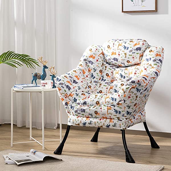 AbocoFur Modern Large Cotton Fabric Lazy Chair，Accent Contemporary Lounge Chair, Single Steel Frame Leisure Sofa Chair with Armrests and A Side Pocket, Beige