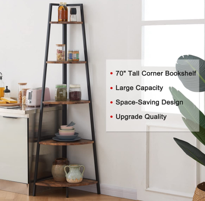 OIAHOMY Corner Shelf 70 Inch Tall Bookcase 5- Tier Industrial Corner Bookshelf Corner Ladder Shelf Small Bookshelf Rustic Plant Stand Rack Freestanding -Rustic Brown