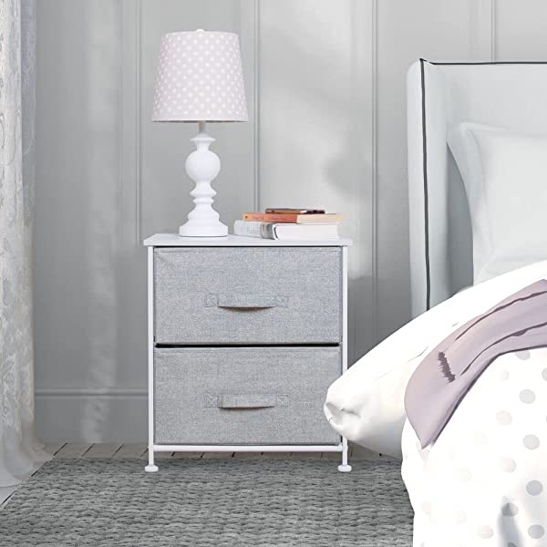 mDesign Storage Dresser End/Side Table Night Stand Furniture Unit - Small Standing Organizer for Bedroom, Office, Living Room, and Closet - 2 Drawer Removable Fabric Bins - Gray/White Grey