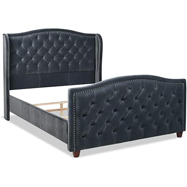 Jennifer Taylor Home Marcella Collection Queen Wingback Tufted Hand-Applied Nail Heads Upholstered Bed, Antique White Antique White Queen