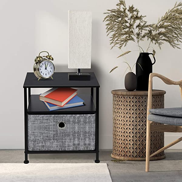 Sorbus Nightstand 1-Drawer Shelf Storage- Bedside Furniture & Accent End Table Chest for Home, Bedroom, Office, College Dorm, Steel Frame, Wood Top, Easy Pull Fabric Bins (Rustic Wood)