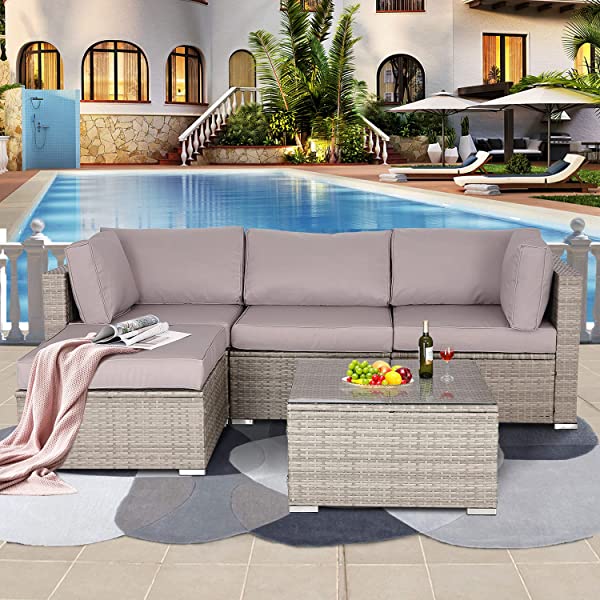 Do4U 5 Pieces Outdoor Patio Furniture Set PE Rattan Patio Set Porch Furniture Cushioned Patio Chairs Set Patio Conversation Set for Garden Balcony Porch Poolside Lawn (Blue)