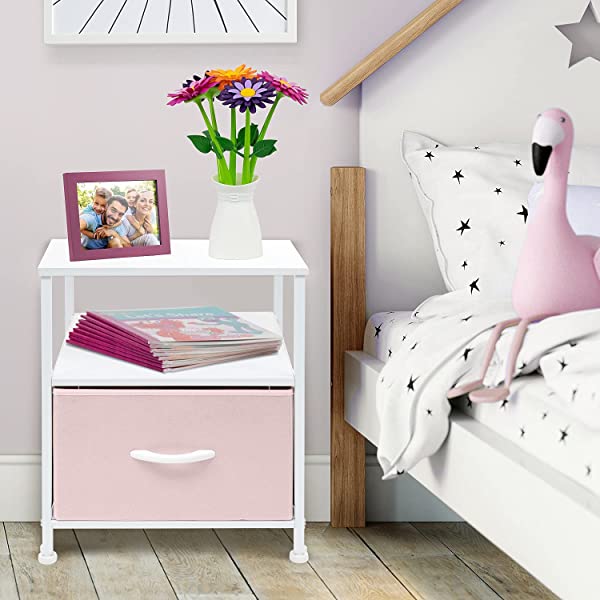 Sorbus Nightstand 1-Drawer Shelf Storage- Bedside Furniture & Accent End Table Chest for Home, Bedroom, Office, College Dorm, Steel Frame, Wood Top, Easy Pull Fabric Bins (Rustic Wood)