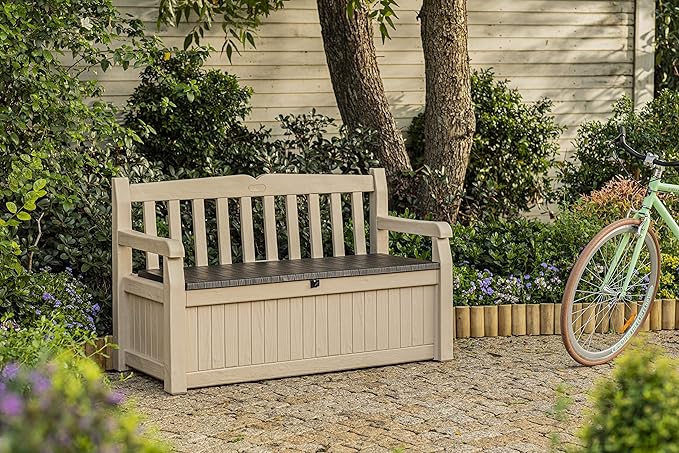 Keter Eden Bench 265L Outdoor 60% recycled Garden Furniture Storage Box Beige & Brown Wood Panel Effect