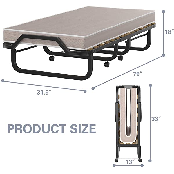 Giantex Rollaway Folding Bed with 4 Inch Mattress, Portable Foldable Guest Bed for Adults, Sturdy Metal Frame, Memory Foam Mattress, Folding Bed Cot Size (Beige & Black) Wood
