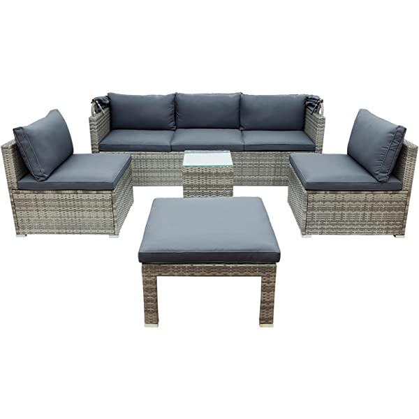 Lazyspace 5 Pieces Outdoor Sectional Patio Rattan Sofa Set Rattan Daybed, PE Wicker Conversation Furniture Set w/Canopy and Tempered Glass Side Table, Gray