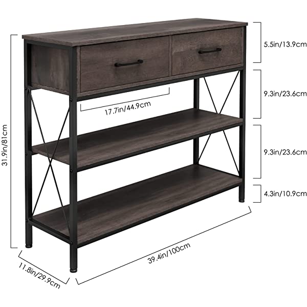 Console Table with Drawers, Rustic Hallway Table with Storage Shelves, Narrow Long Sofa Entryway Table for Living Room, Metal Frame, Dark Brown