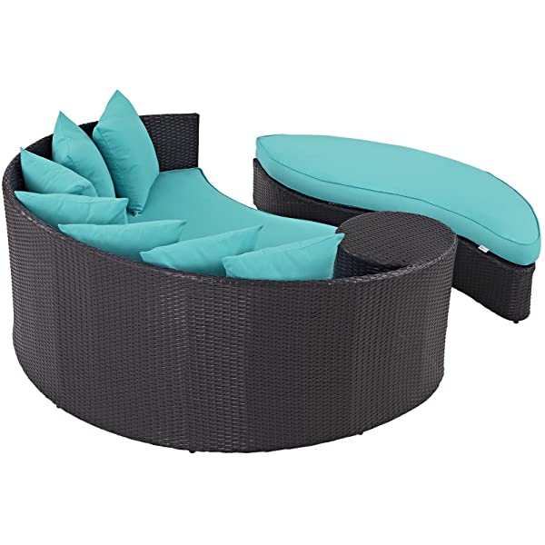 Modway Convene Wicker Rattan Outdoor Patio Poolside Sectional Sofa Daybed with Cushions in Espresso Turquoise