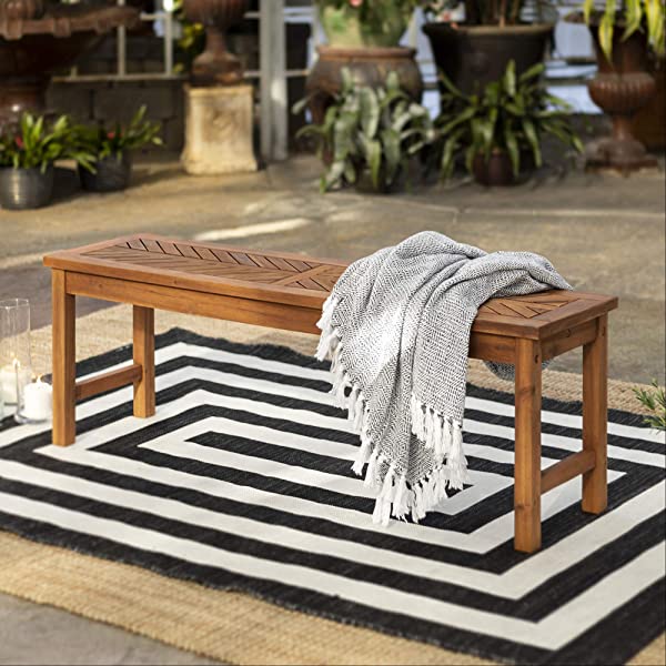 Walker Edison 5 Person Outdoor Wood Chevron Patio Furniture Dining Set Table Chairs Bench All Weather Backyard Conversation Garden Poolside Balcony, 4 Piece, Brown Brown 4 Piece Dining Set