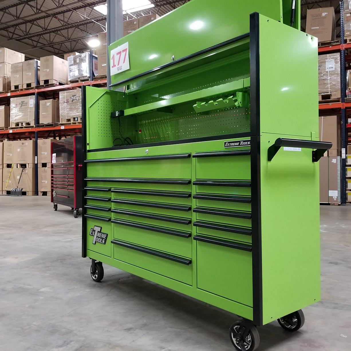 used toolboxScratch & Dent, Extreme Tools DX Series 72 x 21 Triple Bank Roller & Hutch Combo in Green-Black C Showroom Demo
