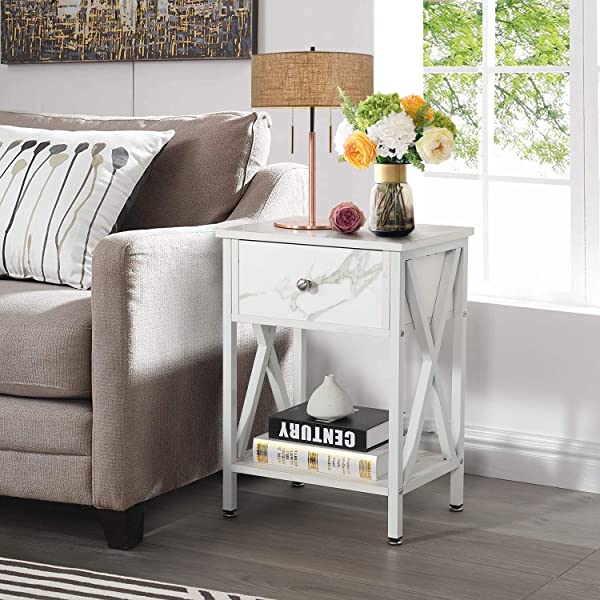 VECELO Modern Versatile Nightstands X-Design Side End Table Night Stand Storage Shelf with Bin Drawer for Living Room Bedroom, Brown+Black Brown+black Modern