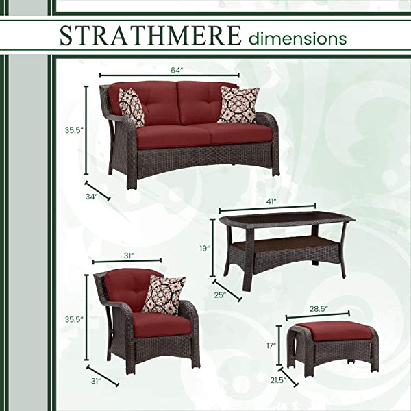 Hanover Strathmere 6-Piece Outdoor Patio Conversation Set, 2 Side Chairs with Ottomans, Loveseat and Tempered Glass Coffee Table, with Hand-Woven Wicker and Thick Cilantro Green Cushions, STRATHMERE6PC