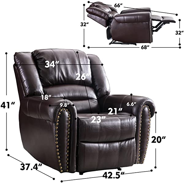 CANMOV Leather Recliner Chair, Classic and Traditional Manual Recliner Chair with Comfortable Arms and Back Single Sofa for Living Room, Nut Brown