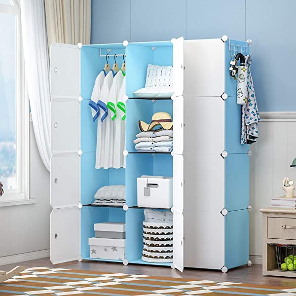 YOZO Cube Storage Organzier Portable Closet Wardrobe Bedroom Dresser (71x14x71 inches) Portable Closet Cube Shelf Armoire Pantry Cabinet, 25 Cubes, Blue 25Cubes Blue