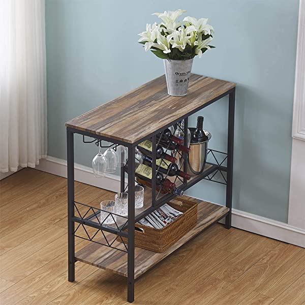 O&K FURNITURE Industrial Wine Rack Table with Glass Holder, Wine Bar Cabinet with Storage, Brown