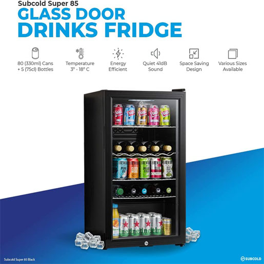 Subcold Super85 LED – Under-Counter Fridge | 85L Beer, Wine & Drinks Fridge | LED Light + Lock and Key | Energy Efficient (Silver, 85L) [Energy Class E]