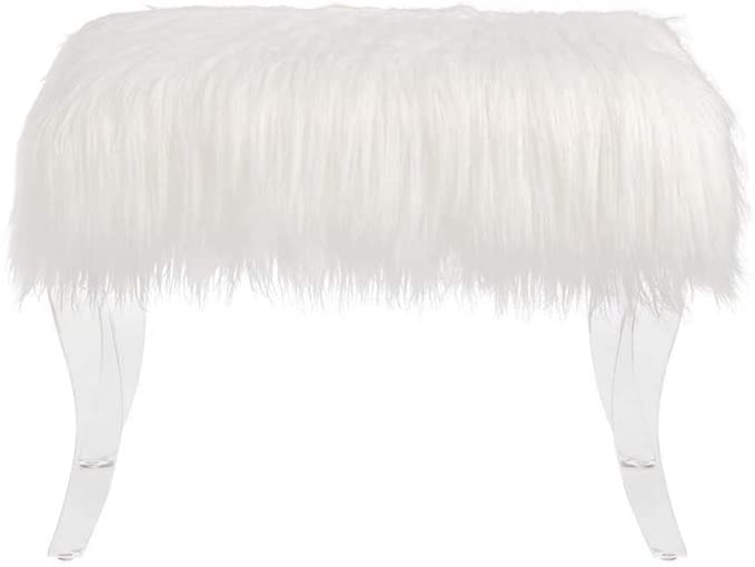 Glitzhome modern style white faux fur footrest stool vanity stool stool with acrylic legs decorative bench, suitable for bedroom