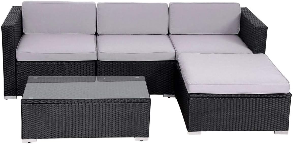EVRE California Black Outdoor Rattan Garden Furniture Conversation Set with Handwoven PE Wicker Sectional Sofa Glass Top Table Cushions for Patio Deck Conservatory