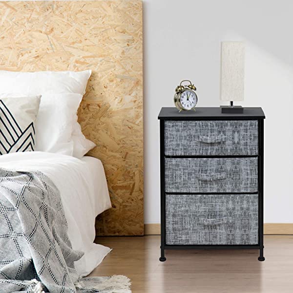 Sorbus Nightstand with 3 Drawers - Bedside Furniture & Accent End Table Chest for Home, Bedroom Accessories, Office, College Dorm, Steel Frame, Wood Top, Easy Pull Fabric Bins (Gray) Grey