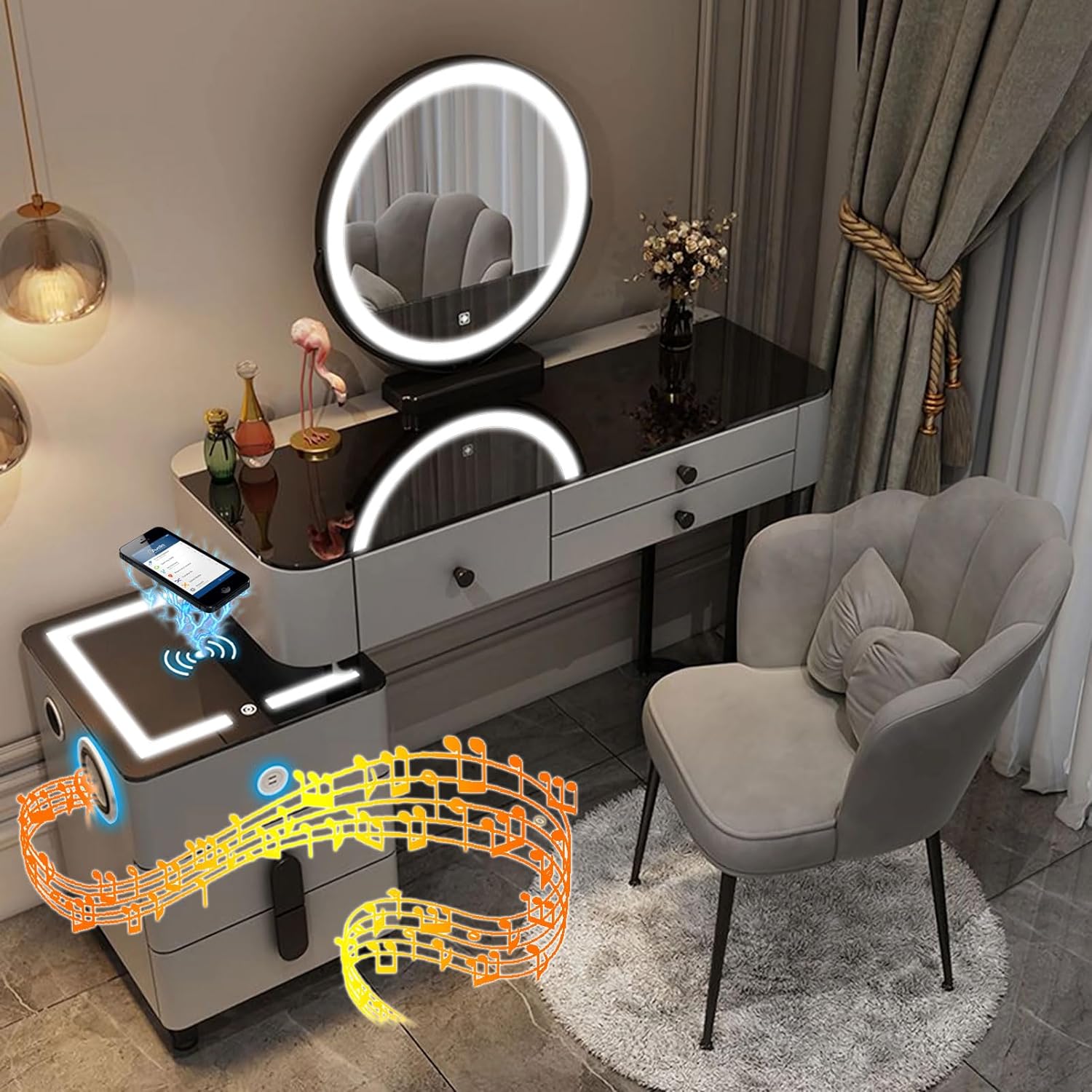 GOOCOO Dressing Table - Makeup Vanity Desk with Wireless Charging Station and Bluetooth Speaker - Vanity Set Contains Makeup Mirror, 5 Drawers and Makeup Stool for Bedroom