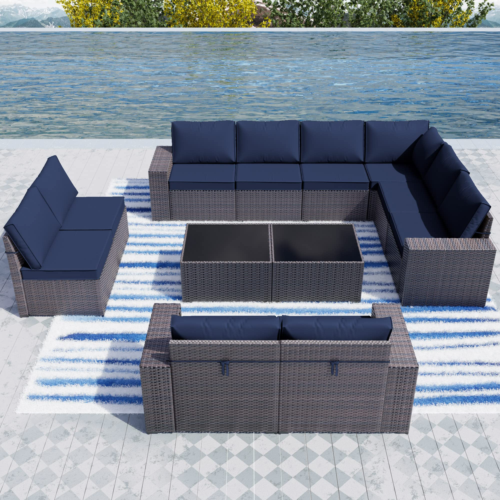 【Furniture】Outdoor Patio Furniture Set 12 Pcs Sectional Rattan Sofa Set Brown PE Wicker Patio Conversation Set