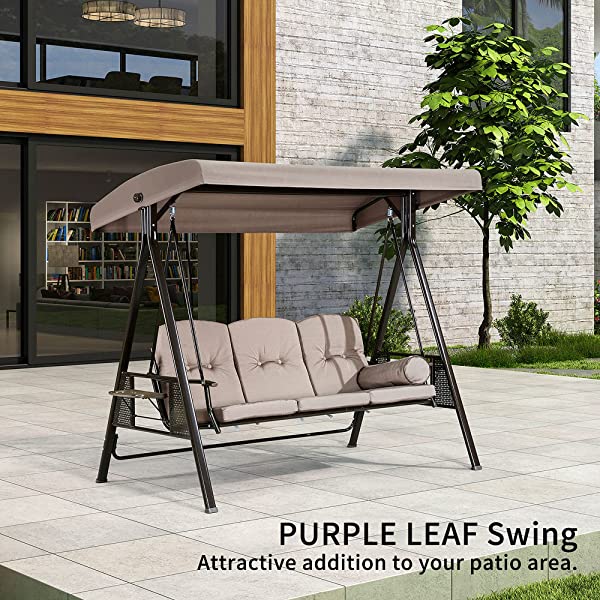 PURPLE LEAF 3-Seat Deluxe Outdoor Patio Porch Swing with Weather Resistant Steel Frame, Adjustable Tilt Canopy, Cushions and Pillow Included, Beige 74.4