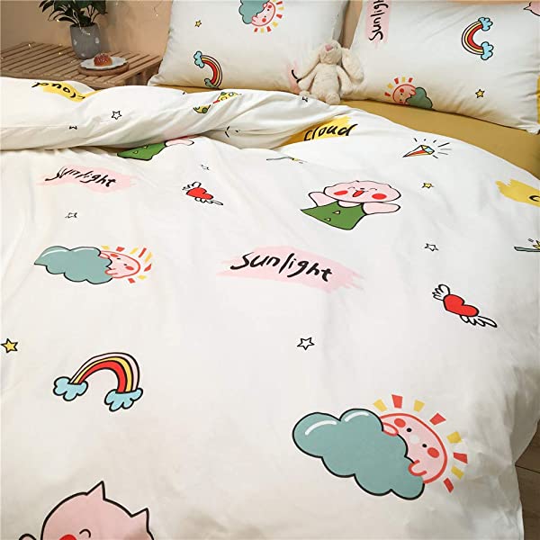 New Cartoon Animals Elephant Print Duvet Cover Sets for Kids 100% Cotton Reversible Soft 3 Pieces Kids Bedding Duvet Cover Pillowcases Kawaii Cloud Bedding Sets, Queen/Full Full/Queen (1 Duvet Cover + 2 Pillowcases) Multi A00 Elephant Bunny Balloon