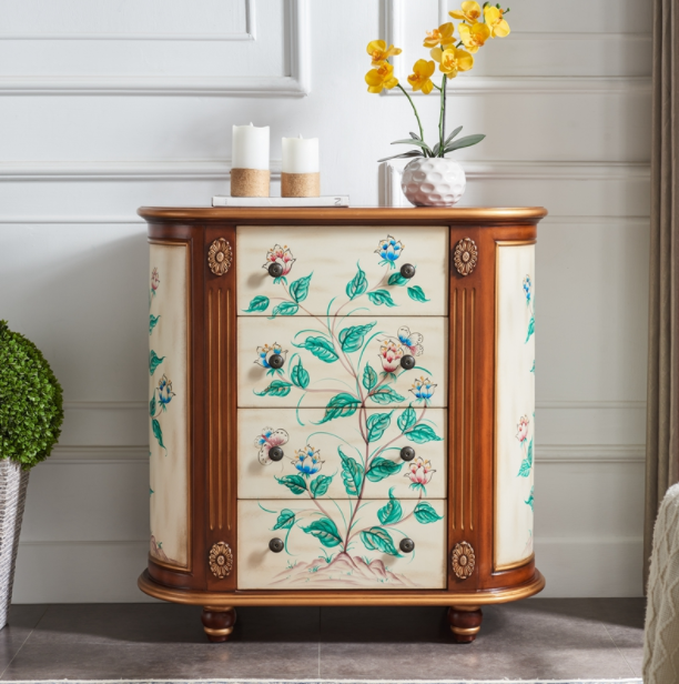 Entrance cabinet solid wood chest of drawers American country side cabinet drawer storage cabinet oval art painted retro complete