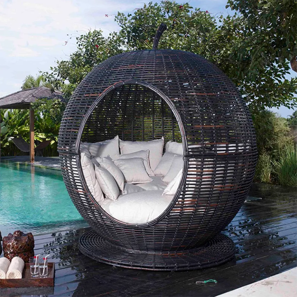 【Home&Garden】Outdoor bed apple bed rattan round bed Nordic villa swimming pool seaside vacation beach homestay rattan bed