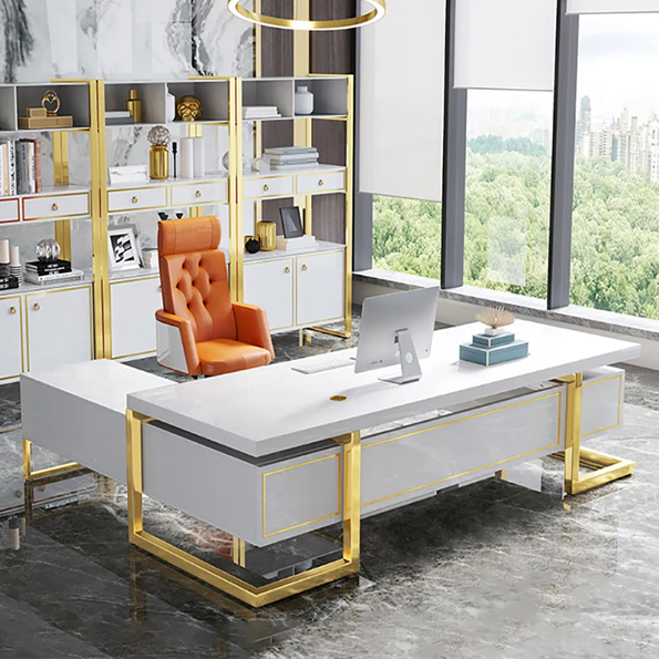 L-Shaped Modern Office Executive Desk of Right Hand with Storage in White & Gold