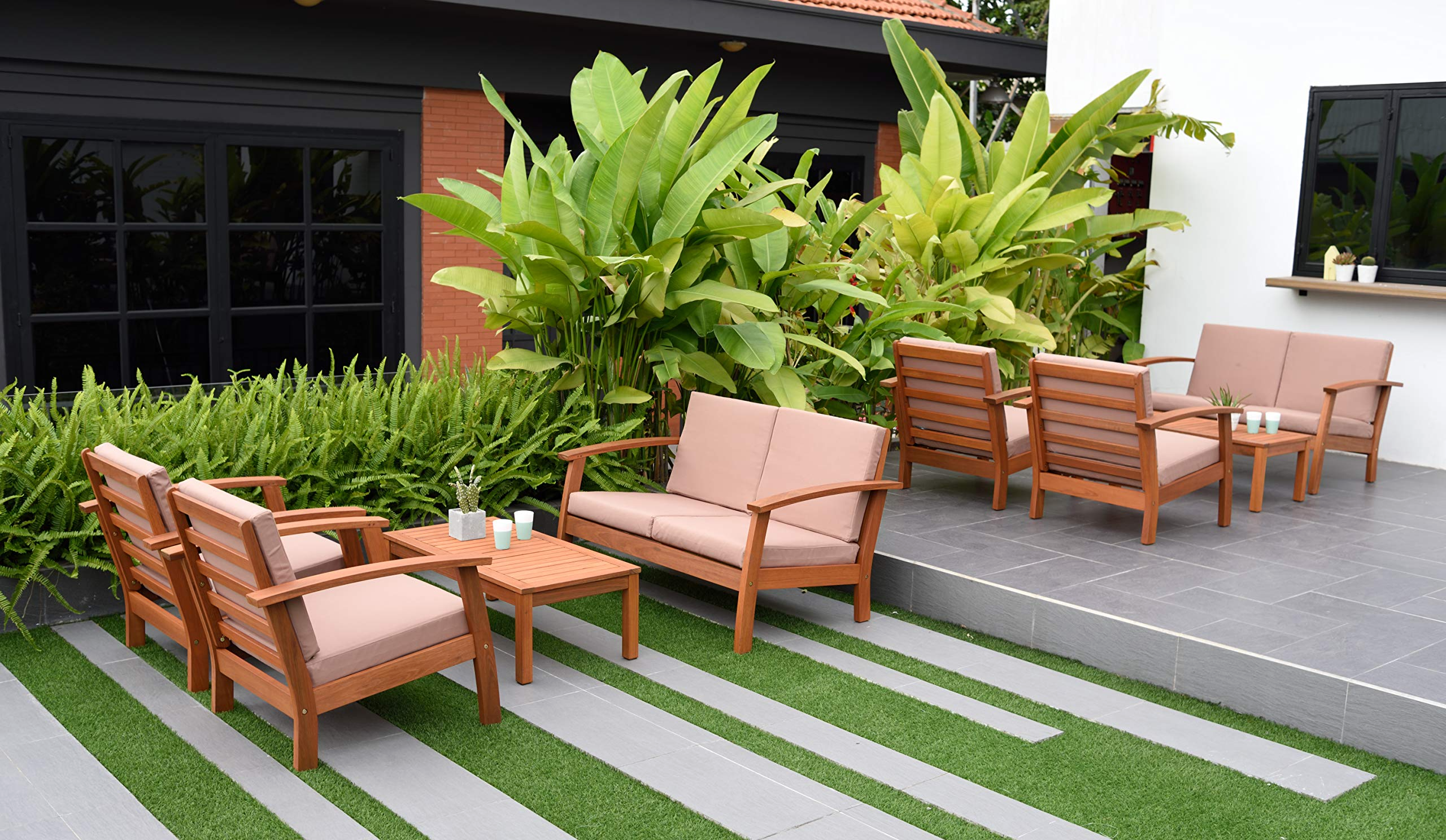 【Furniture】Patio 8-Pc Deluxe Conversation Set | Dark Teak Finish | Ideal for Indoors Outdoors
