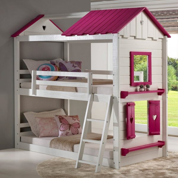 Sweetheart White and Pink Twin over Twin Bunk Bed with Tent