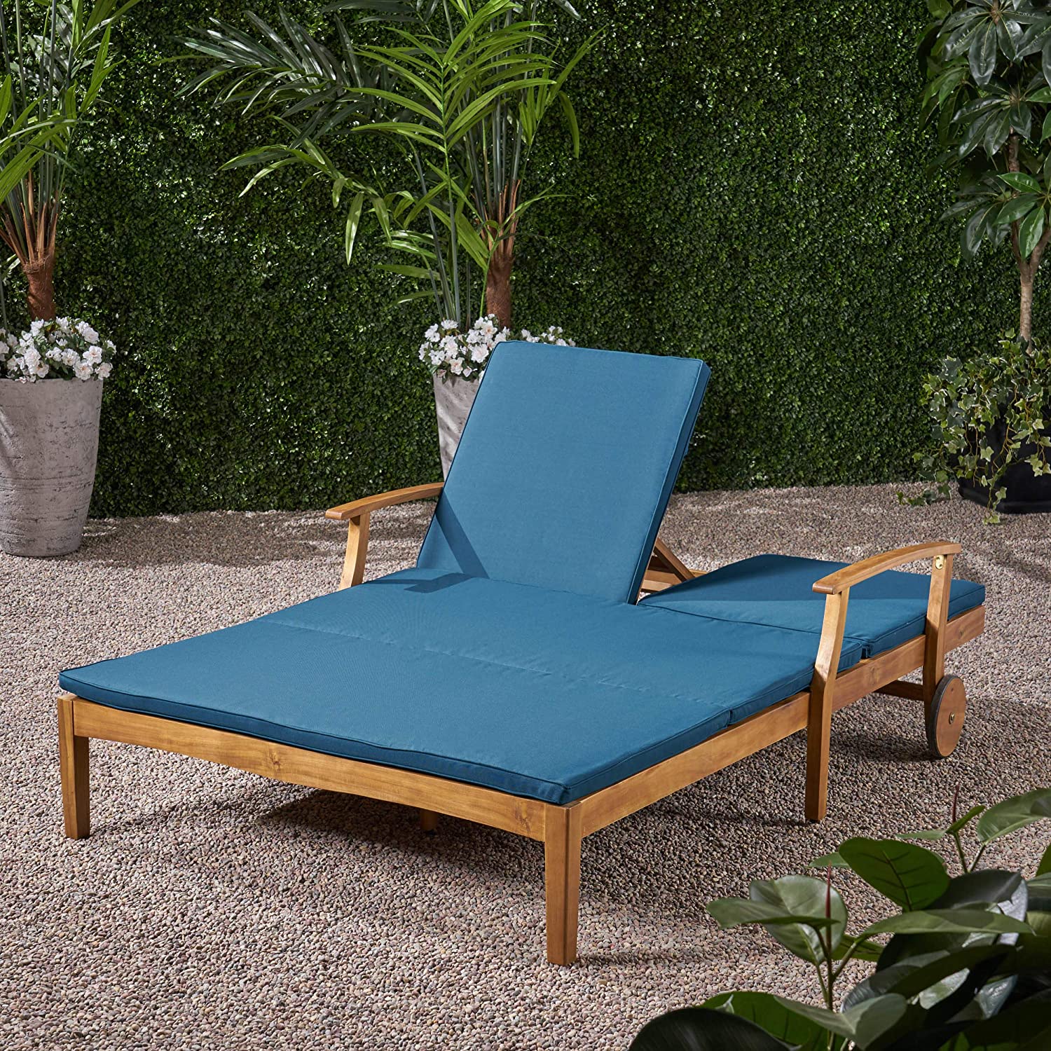 【Home&Garden】Samantha Double Chaise Lounge for Yard & Patio, Acacia Wood Frame, Teak Finish with Cushions