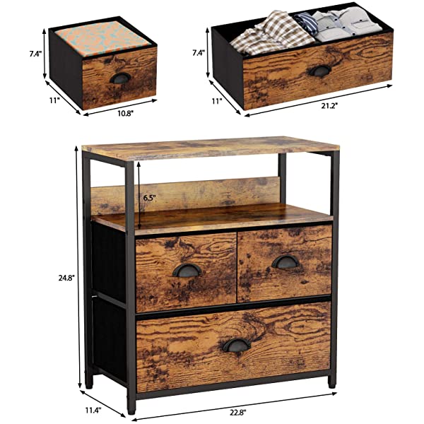 Furologee Nightstand with 3 Drawers, Dresser with Storage Shelf, Bedside Table/Closet Organizer, Rustic Fabric Linen Bins & Wooden Top for Bedroom, Hallway, Hotel (Rustic Brown)