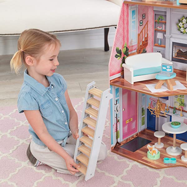 KidKraft Matilda Wooden Dollhouse with EZ Kraft Assembly, Balcony, Movable Staircase and 23 Accessories, Gift for Ages 3+ , Pink