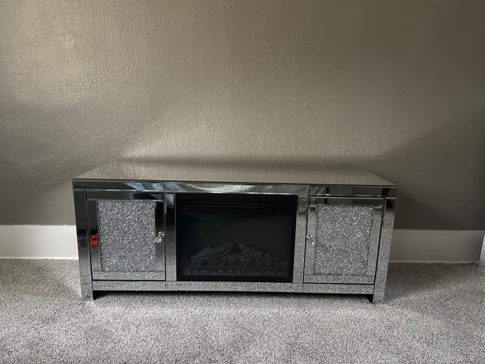 【Furniture】Mirrored Fireplace TV Stand, Mirrored Media Entertainment Center for TV up to 55 inch