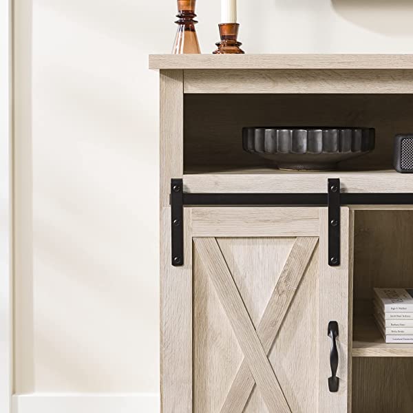 Walker Edison Richmond modern farmhouse sliding barn door TV stand for up to 52 inches, white and rustic oak white without fireplace 52 inches TV